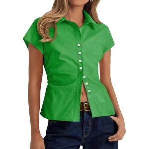 imageCicy Bell Womens Summer Button Down Shirts Short Sleeve Slim Fit Ruched Cotton Blouses Cute Going Out TopsGreen
