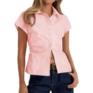 imageCicy Bell Womens Summer Button Down Shirts Short Sleeve Slim Fit Ruched Cotton Blouses Cute Going Out TopsLight Pink