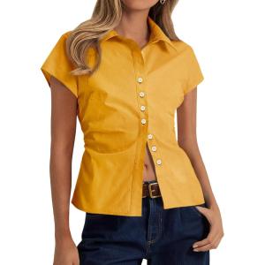 imageCicy Bell Womens Summer Button Down Shirts Short Sleeve Slim Fit Ruched Cotton Blouses Cute Going Out TopsTurmeric Yellow