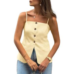 imageCicy Bell Womens Summer Cami Suit Vest Dressy Casual Button Down Waistcoat Fitted Split Hem Sleeveless Blazer TopsBeige