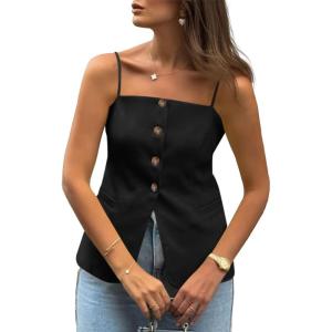 imageCicy Bell Womens Summer Cami Suit Vest Dressy Casual Button Down Waistcoat Fitted Split Hem Sleeveless Blazer TopsBlack