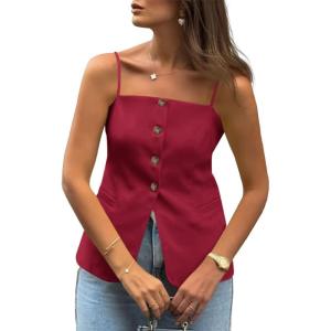 imageCicy Bell Womens Summer Cami Suit Vest Dressy Casual Button Down Waistcoat Fitted Split Hem Sleeveless Blazer TopsBurgundy