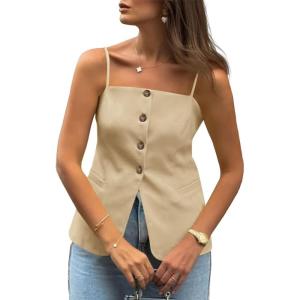 imageCicy Bell Womens Summer Cami Suit Vest Dressy Casual Button Down Waistcoat Fitted Split Hem Sleeveless Blazer TopsKhaki