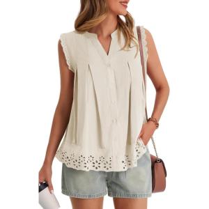 imageCicy Bell Womens Summer Eyelet Tank Tops V Neck Ruffle Sleeveless Button Down Shirts Casual Cotton Loose Fit TeesApricot