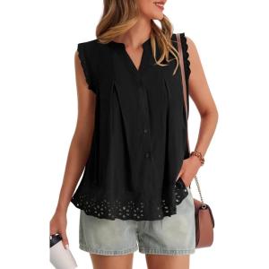 imageCicy Bell Womens Summer Eyelet Tank Tops V Neck Ruffle Sleeveless Button Down Shirts Casual Cotton Loose Fit TeesBlack