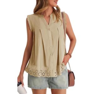 imageCicy Bell Womens Summer Eyelet Tank Tops V Neck Ruffle Sleeveless Button Down Shirts Casual Cotton Loose Fit TeesLight Khaki