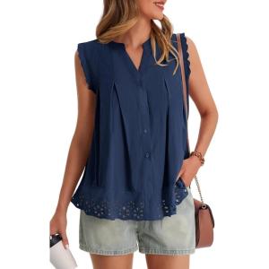 imageCicy Bell Womens Summer Eyelet Tank Tops V Neck Ruffle Sleeveless Button Down Shirts Casual Cotton Loose Fit TeesNavy