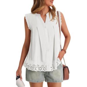 imageCicy Bell Womens Summer Eyelet Tank Tops V Neck Ruffle Sleeveless Button Down Shirts Casual Cotton Loose Fit TeesWhite