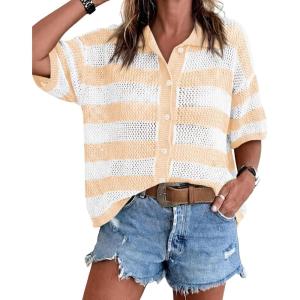 imageCicy Bell Womens Summer Striped Crochet Cardigan Sweater Half Sleeve Button up Tops Loose Fit Cover UpBeige