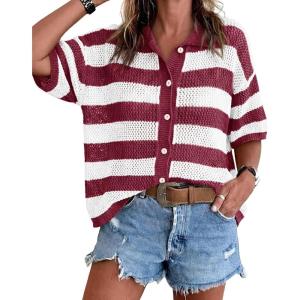 imageCicy Bell Womens Summer Striped Crochet Cardigan Sweater Half Sleeve Button up Tops Loose Fit Cover UpBurgundy
