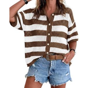 imageCicy Bell Womens Summer Striped Crochet Cardigan Sweater Half Sleeve Button up Tops Loose Fit Cover UpCoffe