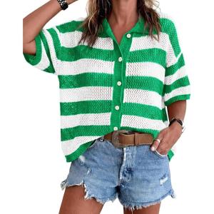 imageCicy Bell Womens Summer Striped Crochet Cardigan Sweater Half Sleeve Button up Tops Loose Fit Cover UpGreen
