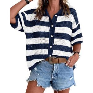 imageCicy Bell Womens Summer Striped Crochet Cardigan Sweater Half Sleeve Button up Tops Loose Fit Cover UpNavy