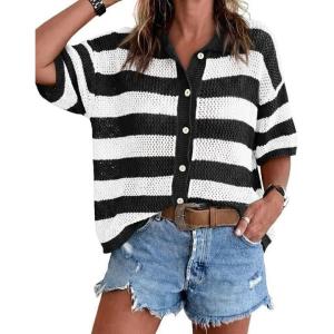 imageCicy Bell Womens Summer Striped Crochet Cardigan Sweater Half Sleeve Button up Tops Loose Fit Cover UpWhite