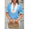 imageCicy Bell Womens Color Block Puff Sleeve Blouses Summer Casual Dressy V Neck Tops Loose Fit Tee ShirtsBlue