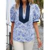 imageCicy Bell Womens Floral Short Puff Sleeve Tops V Neck Patchwork Boho Summer Blouses Dressy Casual ShirtsBlue