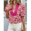 imageCicy Bell Womens Floral Short Puff Sleeve Tops V Neck Patchwork Boho Summer Blouses Dressy Casual ShirtsBurgundy