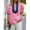imageCicy Bell Womens Floral Short Puff Sleeve Tops V Neck Patchwork Boho Summer Blouses Dressy Casual ShirtsRose Red