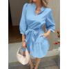 imageCicy Bell Womens Puff 34 Sleeve Mini Dresses Bow Tie Waist V Neck Casual Trendy Ruffle Tiered Short DressLight Blue