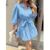 imageCicy Bell Womens Puff 34 Sleeve Mini Dresses Bow Tie Waist V Neck Casual Trendy Ruffle Tiered Short DressLight Blue