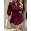 imageCicy Bell Womens Puff 34 Sleeve Mini Dresses Bow Tie Waist V Neck Casual Trendy Ruffle Tiered Short DressWine Red