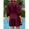 imageCicy Bell Womens Puff 34 Sleeve Mini Dresses Bow Tie Waist V Neck Casual Trendy Ruffle Tiered Short DressWine Red