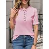 imageCicy Bell Womens Puff Short Sleeve Sweater Tops Ruffle Henley Neck Spring Summer Pullover Dressy Casual Knit ShirtsPink