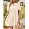 imageCicy Bell Womens Puff Sleeve Peter Pan Collar Mini Shirt Dress Button Down Summer Casual Textured Short Dresses with PocketsBeige