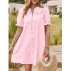 imageCicy Bell Womens Puff Sleeve Peter Pan Collar Mini Shirt Dress Button Down Summer Casual Textured Short Dresses with PocketsLight Pink