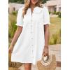 imageCicy Bell Womens Puff Sleeve Peter Pan Collar Mini Shirt Dress Button Down Summer Casual Textured Short Dresses with PocketsWhite