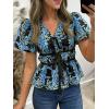 imageCicy Bell Womens Puff Sleeve Tie Front Tops Summer Babydoll Peplum V Neck Blouse Casual Dressy Pleated Floral Print ShirtsBlack