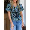 imageCicy Bell Womens Puff Sleeve Tie Front Tops Summer Babydoll Peplum V Neck Blouse Casual Dressy Pleated Floral Print ShirtsBlack