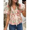 imageCicy Bell Womens Puff Sleeve Tie Front Tops Summer Babydoll Peplum V Neck Blouse Casual Dressy Pleated Floral Print ShirtsPink