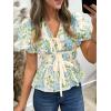 imageCicy Bell Womens Puff Sleeve Tie Front Tops Summer Babydoll Peplum V Neck Blouse Casual Dressy Pleated Floral Print ShirtsSky Blue