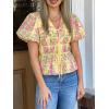 imageCicy Bell Womens Puff Sleeve Tie Front Tops Summer Babydoll Peplum V Neck Blouse Casual Dressy Pleated Floral Print ShirtsYellow