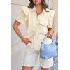 imageCicy Bell Womens Ruffle Button Down Shirts Dressy Casual Short Puff Sleeve Cotton Tops Summer Loose Fit V Neck BlousesBeige