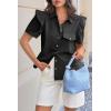 imageCicy Bell Womens Ruffle Button Down Shirts Dressy Casual Short Puff Sleeve Cotton Tops Summer Loose Fit V Neck BlousesBlack