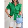 imageCicy Bell Womens Ruffle Button Down Shirts Dressy Casual Short Puff Sleeve Cotton Tops Summer Loose Fit V Neck BlousesGreen