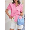 imageCicy Bell Womens Ruffle Button Down Shirts Dressy Casual Short Puff Sleeve Cotton Tops Summer Loose Fit V Neck BlousesPink
