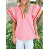 imageCicy Bell Womens Ruffle Cap Sleeve Tops Color Block V Neck Dressy Casual Blouses Summer Pleated Loose Fit ShirtsPink