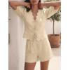 imageCicy Bell Womens Summer 2 Piece Short Sets Puff Short Sleeve V Neck Bow Tie Front Tops Wide Leg Shorts Pajamas Matching SetsBeige