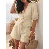 imageCicy Bell Womens Summer 2 Piece Short Sets Puff Short Sleeve V Neck Bow Tie Front Tops Wide Leg Shorts Pajamas Matching SetsBeige