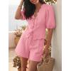 imageCicy Bell Womens Summer 2 Piece Short Sets Puff Short Sleeve V Neck Bow Tie Front Tops Wide Leg Shorts Pajamas Matching SetsPink