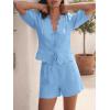 imageCicy Bell Womens Summer 2 Piece Short Sets Puff Short Sleeve V Neck Bow Tie Front Tops Wide Leg Shorts Pajamas Matching SetsSky Blue