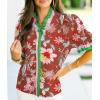 imageCicy Bell Womens Summer Floral Print Tops Casual Puff Short Sleeve Ruffle V Neck Button Down Shirts Patchwork Boho BlousesBrown