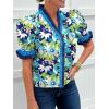 imageCicy Bell Womens Summer Floral Print Tops Casual Puff Short Sleeve Ruffle V Neck Button Down Shirts Patchwork Boho BlousesNavy