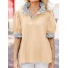 imageCicy Bell Womens Summer Puff Sleeve Blouses Casual Dressy Ruffle V Neck Tops Color Block Striped Loose Fit Button Polo ShirtsApricot