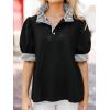 imageCicy Bell Womens Summer Puff Sleeve Blouses Casual Dressy Ruffle V Neck Tops Color Block Striped Loose Fit Button Polo ShirtsBlack