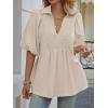 imageCicy Bell Womens Summer Puff Sleeve Blouses Smocked V Neck Babydoll Peplum Casual Tunic Tops Loose Fit Pleated ShirtsBeige