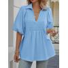 imageCicy Bell Womens Summer Puff Sleeve Blouses Smocked V Neck Babydoll Peplum Casual Tunic Tops Loose Fit Pleated ShirtsBlue